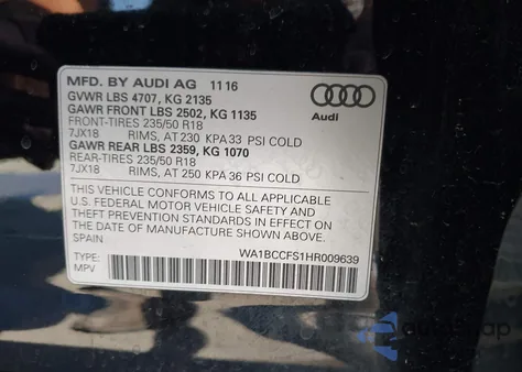 2017 Audi Q3 2.0T Premium z USA, uszkodzony, nr VIN WA1BCCFS1HR009639